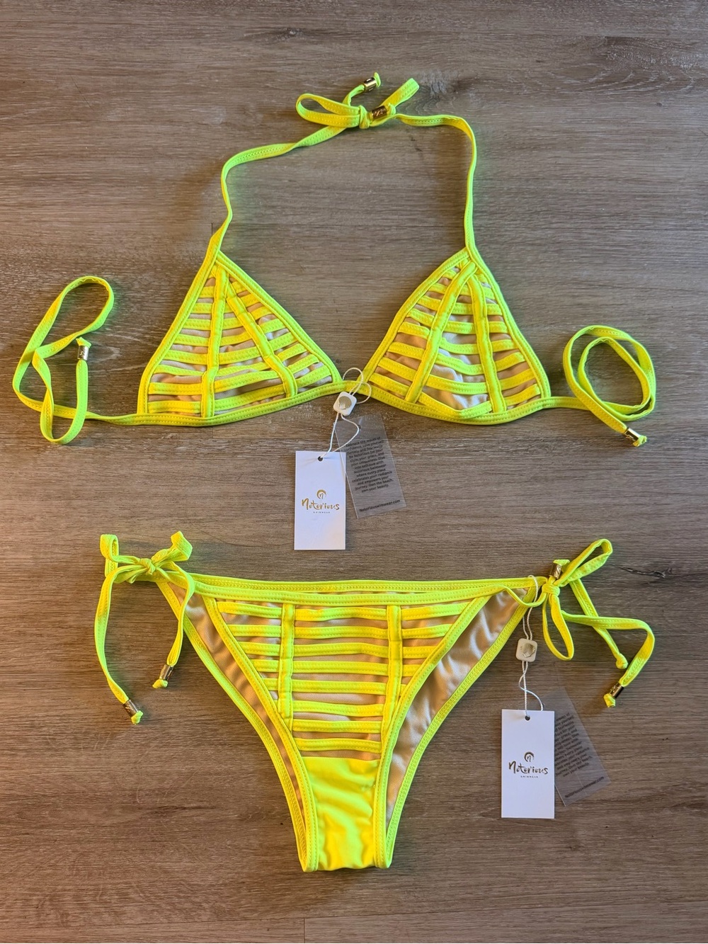 Notorious Swimwear Glistening Neon Yellow Bikini Set NWT Large Top/Small Bottom